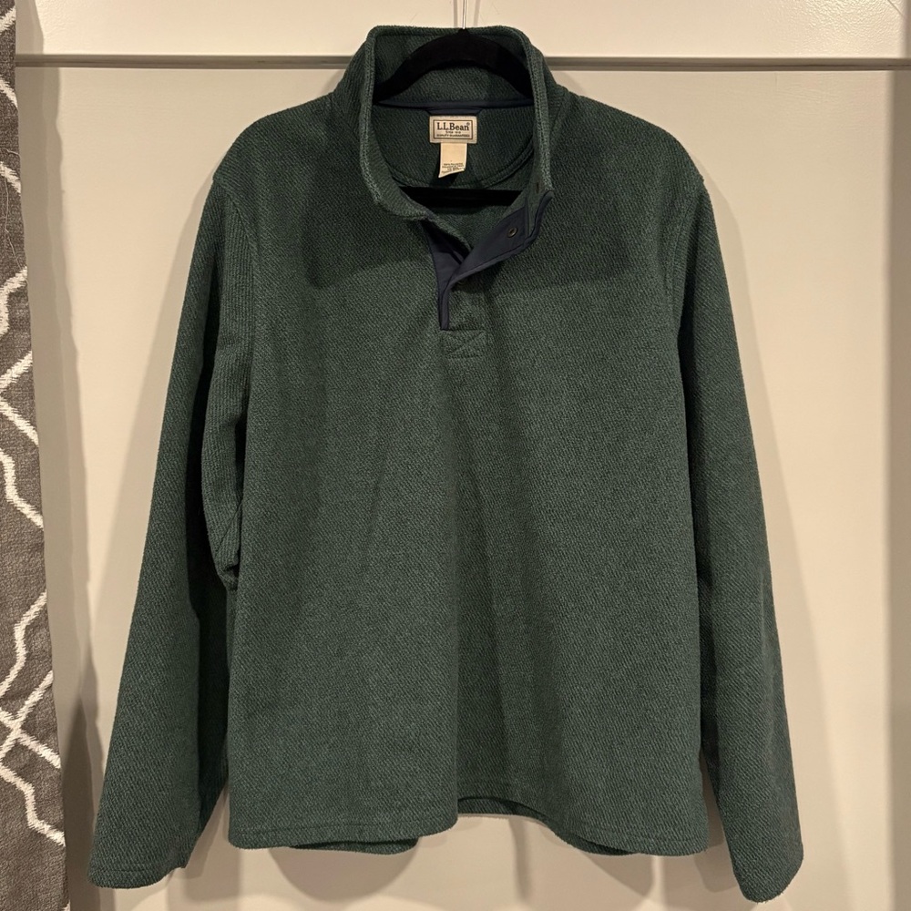 EUC LL Bean Allagash Fleece Henley Sweater Men L Green Snap Elbow Patch Mock Nck